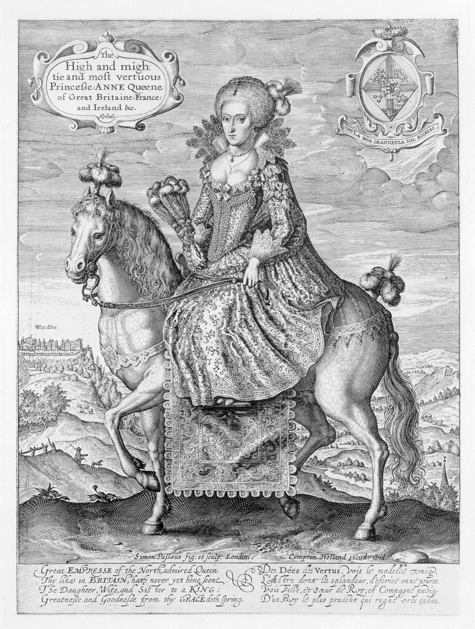 Dán Anna (1574-1619) lovasportréja a művész által metszett, kocsma. Írta: Compton Holland, 1616 alkotó: Simon de Passe