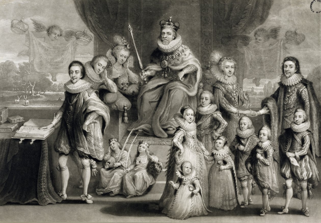 Őfelsége I. Jakab és királyi utódai a cseh király családjával együtt, vésette Charles Turner (1773-1857), 1814 alkotó: Simon de Passe