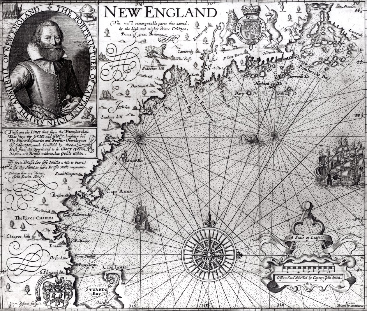 New England partvidékének térképe, amelyet John Smith kapitány (1580-1631) figyelt meg és írt le 1614-ben, a General Historie-ból, 1624 alkotó: Simon de Passe