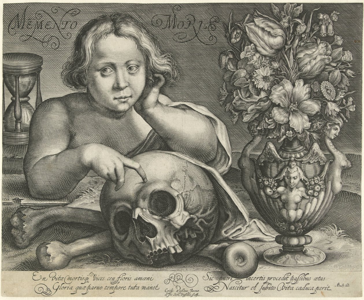 Gyermek koponyával (Vanitas) Memento Mori (cím a tárgyon) alkotó: Simon van de Passe