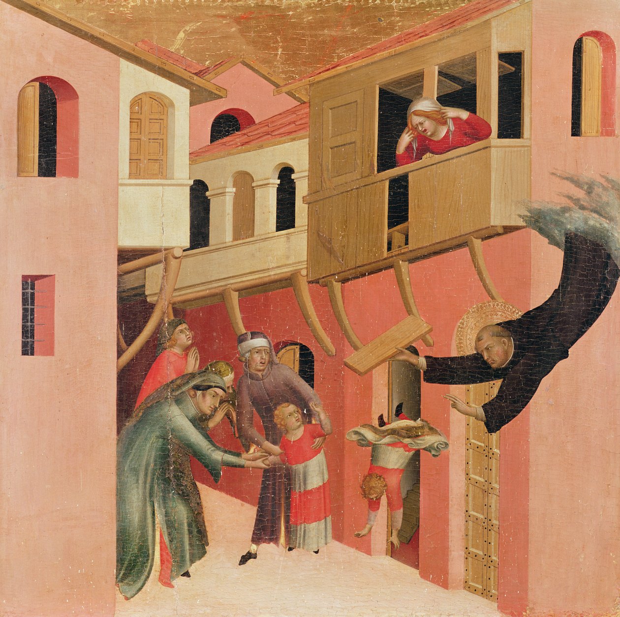Boldog Agostino Novello poliptichonja és életének négy története, Agostino Novello bal oldali paneljének részlete, amint megment egy kisbabát, amint leesik az erkélyről, 1328 körül (tempera a panelen) alkotó: Simone Martini