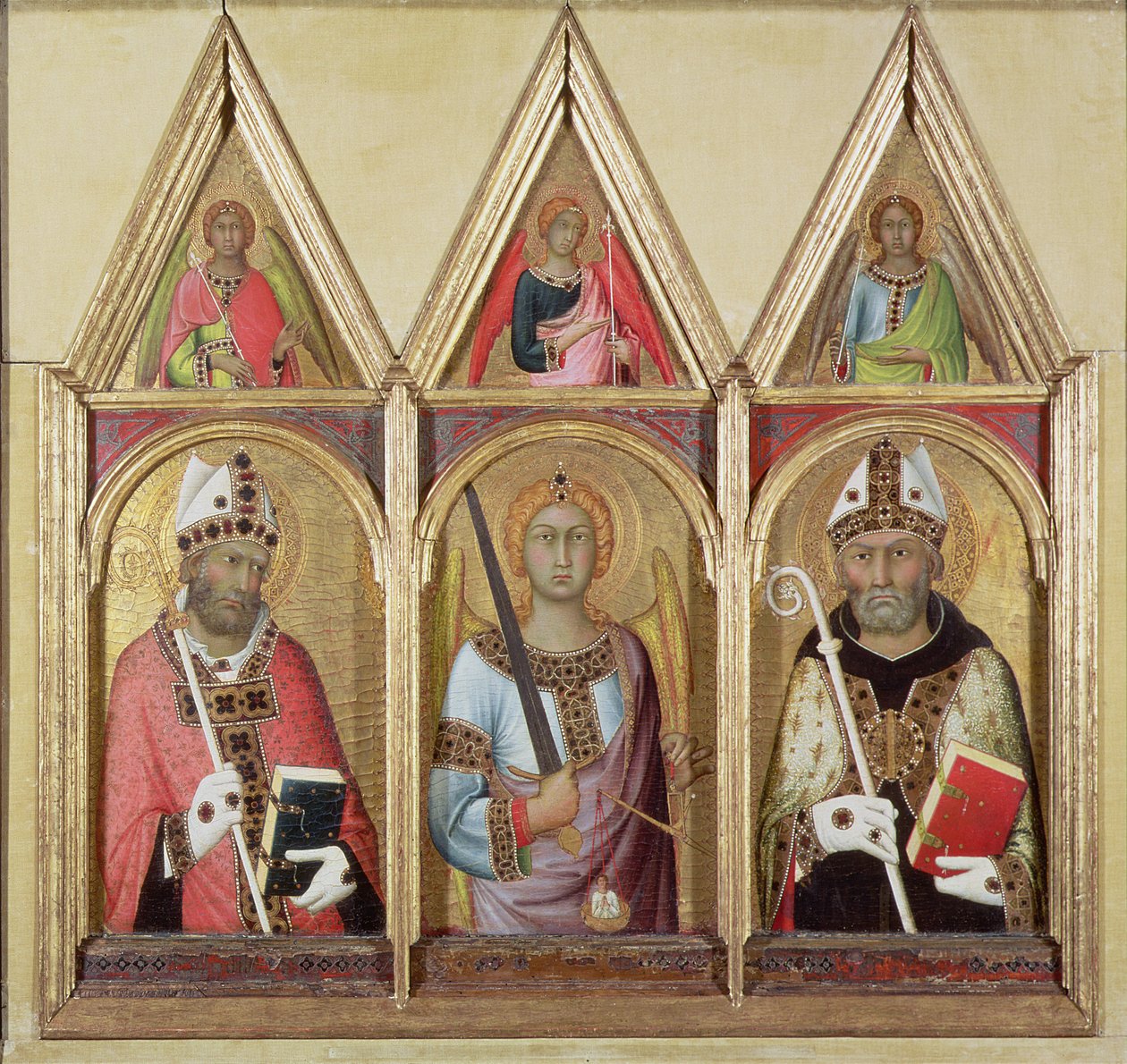 Szent Geminianus, Szent Mihály és Szent Ágoston, 1319 körül (tempera arannyal a táblán) (részletek 58834 és 58836) alkotó: Simone Martini
