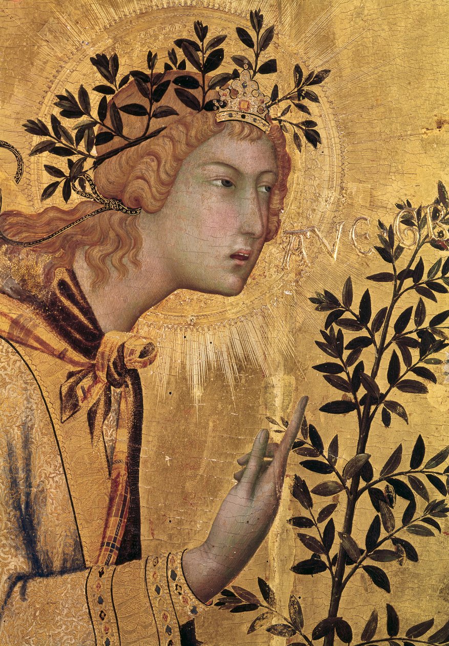 Angyali üdvözlet Szent Margittal és Szent Aszanóval, Gábriel arkangyal részlete, 1333 (tempera a panelen) (50322 részlet) alkotó: Simone Martini