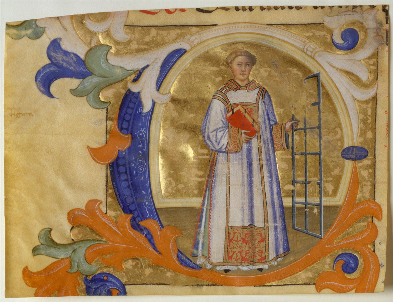 Kéziratos megvilágítás Szent Lőrincsel, C kezdőbetűvel, Graduálból, kb. 1380-90. alkotó: Simone Camaldolese