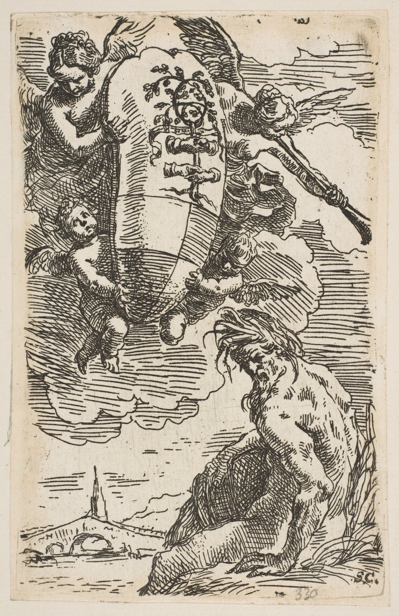 A Foglia folyó allegóriája Pesaros város címerével, előlappal ..., kb. 1639. alkotó: Simone Cantarini