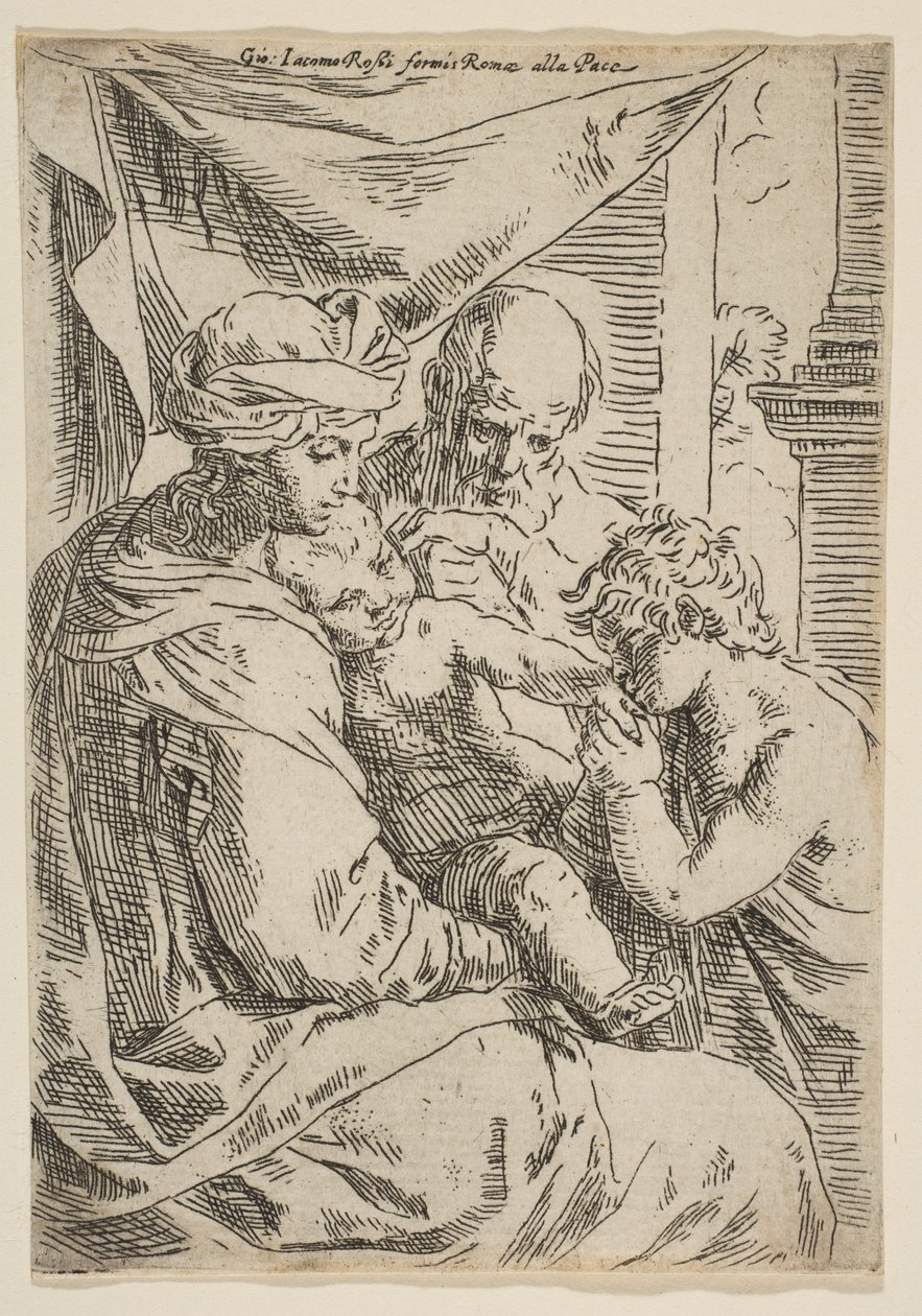 Szent Család Keresztelő Szent Jánossal, aki kezet csókol a csecsemő Krisztusnak, 1642 körül. alkotó: Simone Cantarini