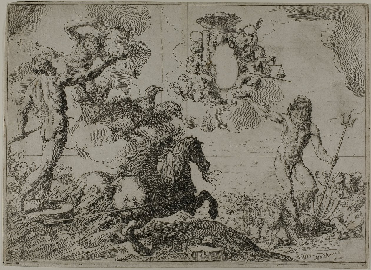 A Jupiter, a Neptunusz és a Plútó felajánlja koronáját Borghese bíboros karjainak alkotó: Simone Cantarini