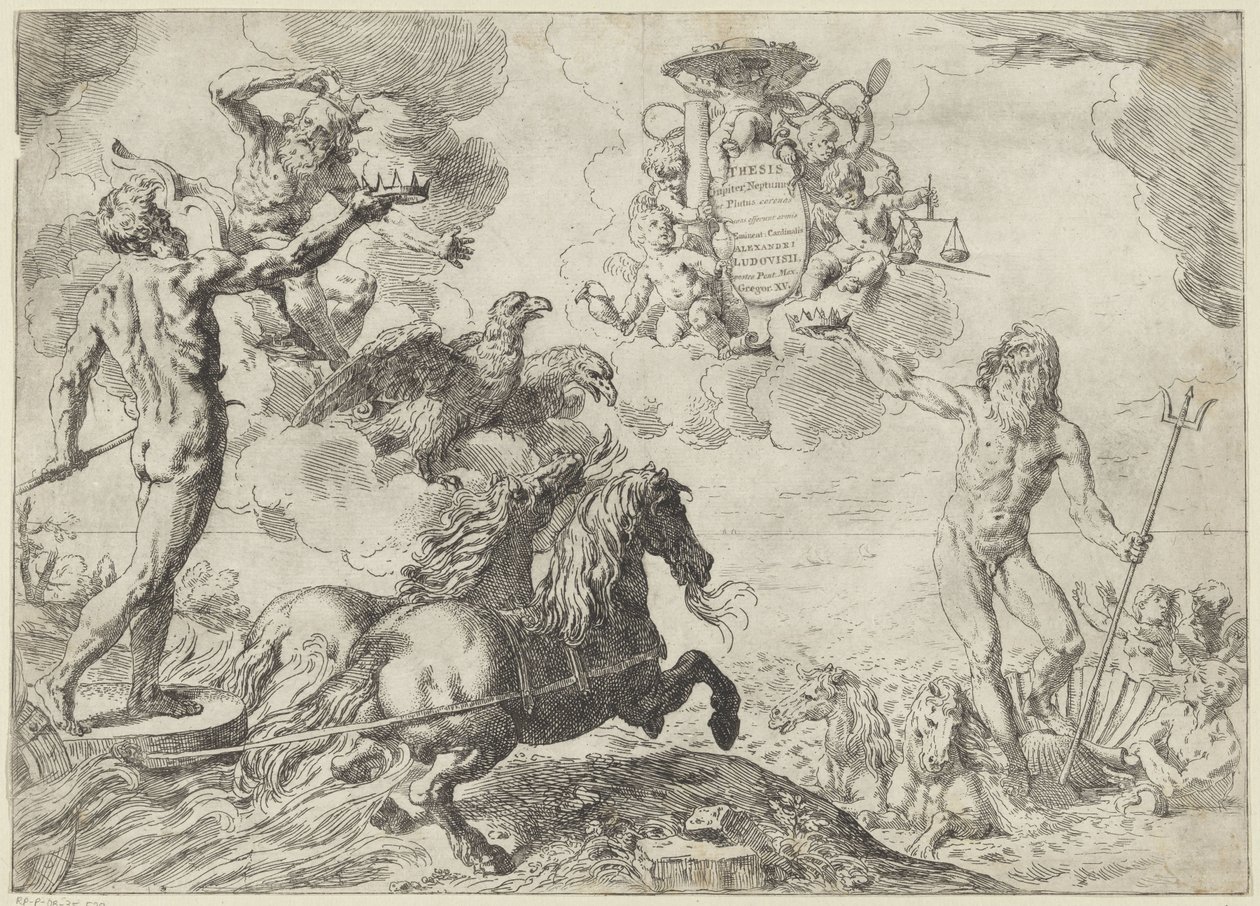 A Jupiter, a Neptunusz és a Plútó felajánlja koronáját Scipione Borghese bíboros címerének Tézis: Jupiter, Neptunusz és Plútó coronas suas offerunt armis (cím az objektumon) alkotó: Simone Cantarini