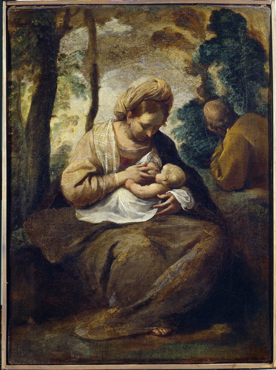 Pihenjen az egyiptomi repülésen. Simone Cantarini (1612-1648) festménye, olaj, vászon. Olasz művészet (Bologna) alkotó: Simone Cantarini