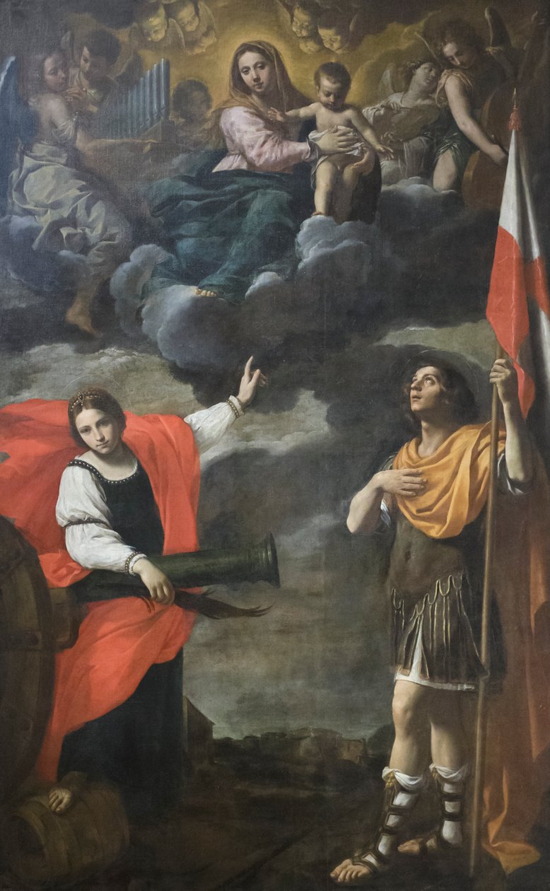 Dicsőséges Madonna a gyermekkel és a szentekkel, Barbara és Terenzio, 1630 körül (olaj, vászon) alkotó: Simone Cantarini