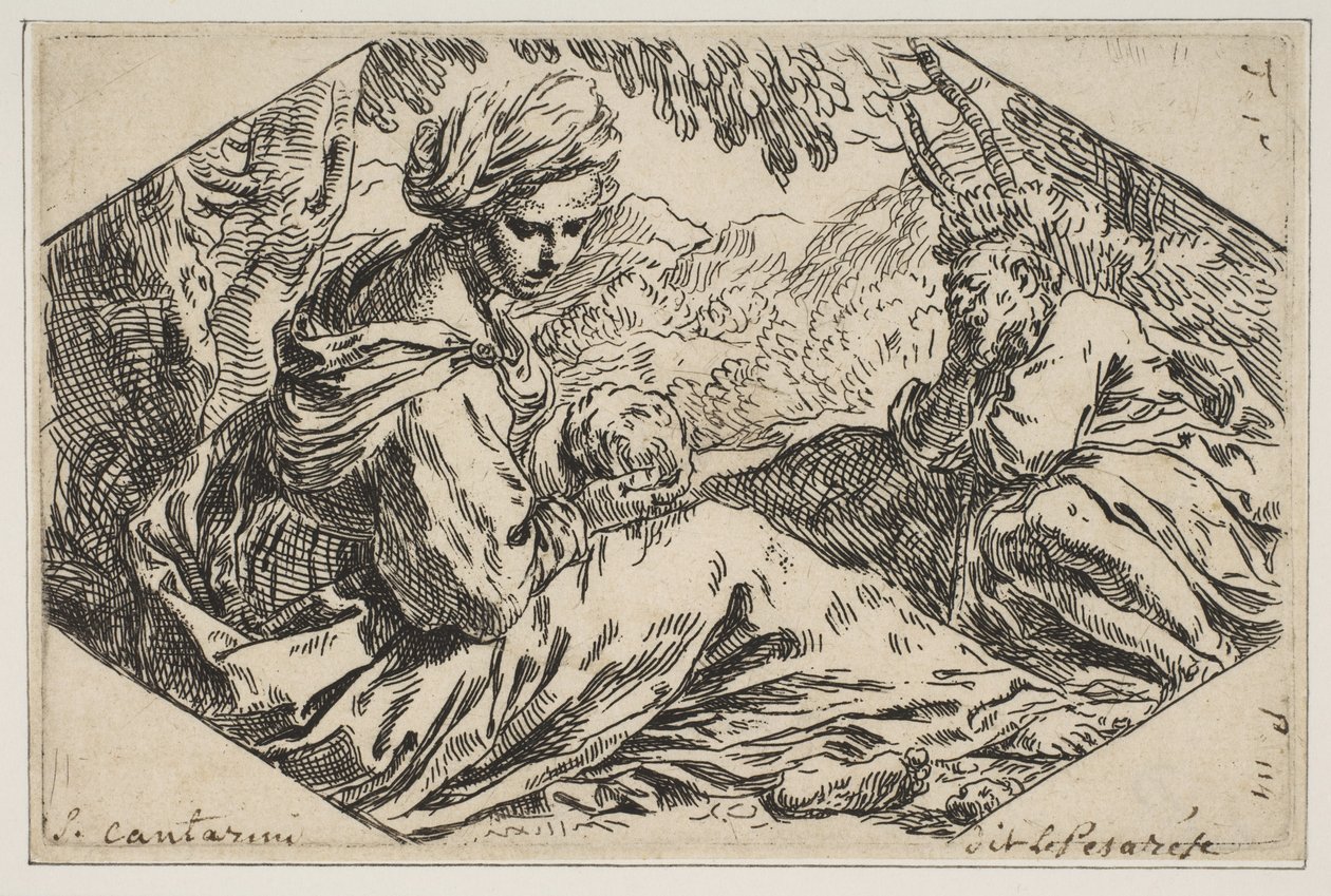 Nyugodj meg Egyiptomban, Mária kezében tartja és nézi a csecsemő Krisztust, miközben Szent József s..., kb. 1637-1639. alkotó: Simone Cantarini