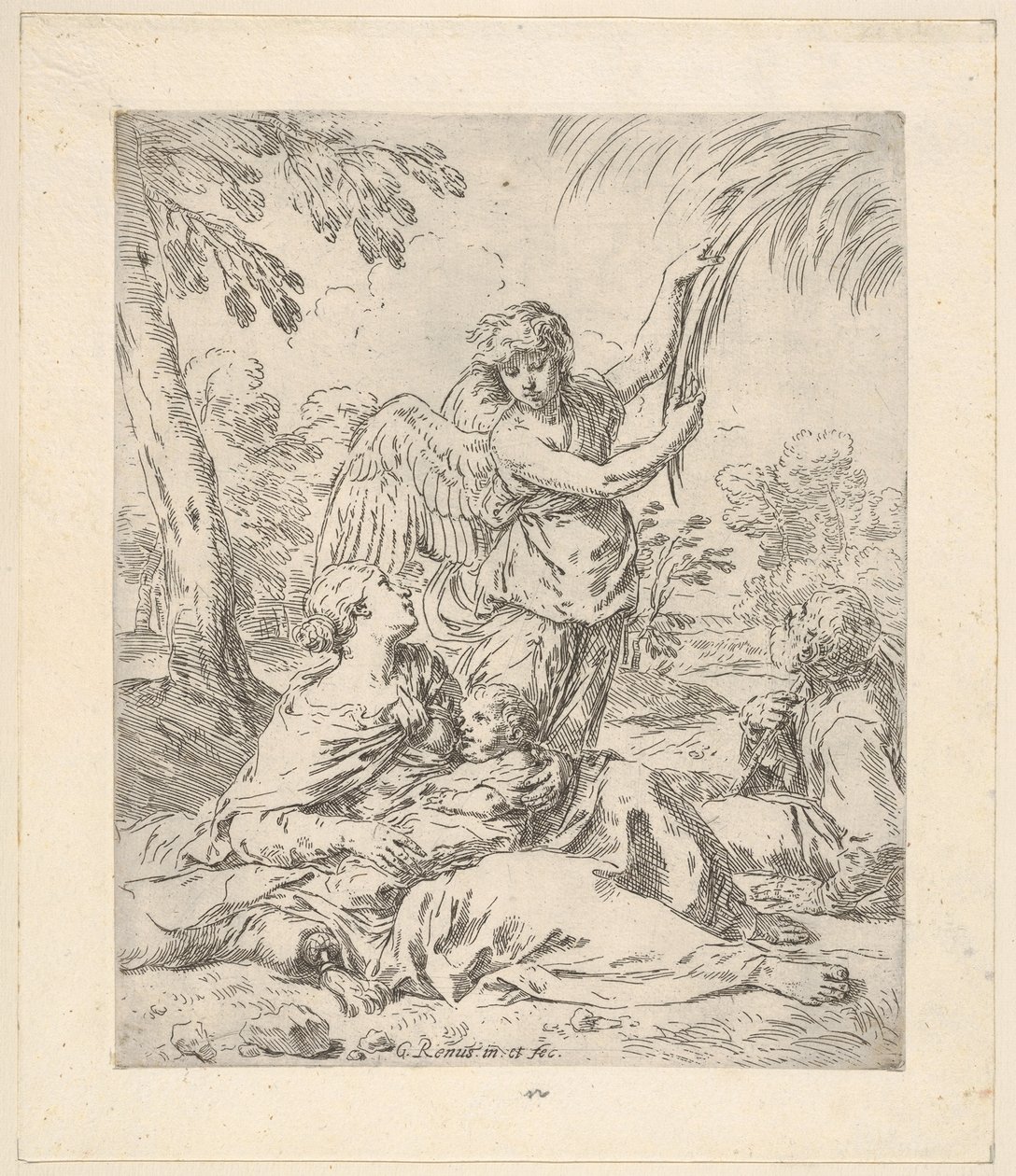 Nyugodj meg Egyiptomban, Mária ápolja a csecsemő Krisztust, miközben egy angyal a fa ágát húzza..., kb.1630-1648. alkotó: Simone Cantarini