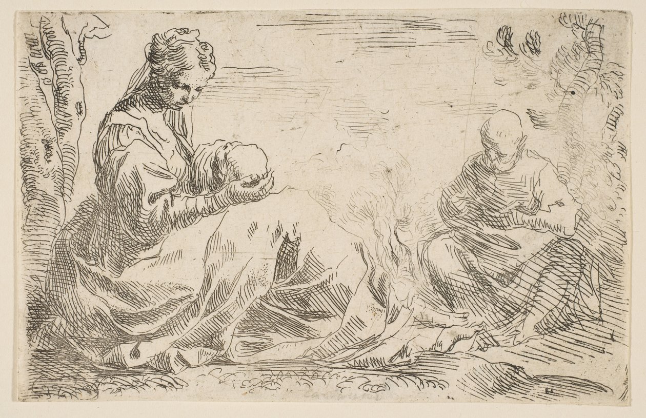 Pihenj az Egyiptomba tartó járaton, Mária a csecsemő Krisztust tartja és nézi, miközben Szent..., kb. 1637. alkotó: Simone Cantarini