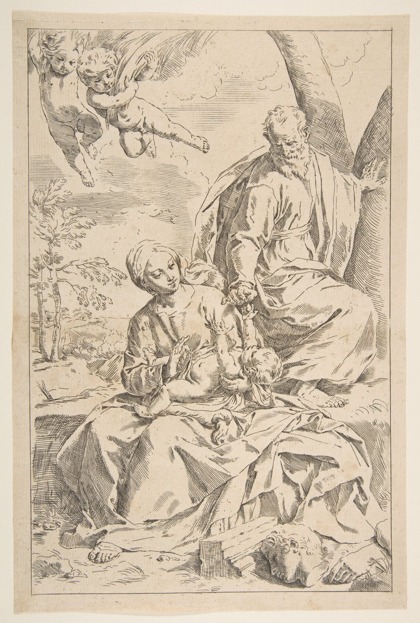 Pihenj az Egyiptomba tartó járaton, Mária a kisded Krisztust fogja, míg Szent József a..., kb. 1639. alkotó: Simone Cantarini