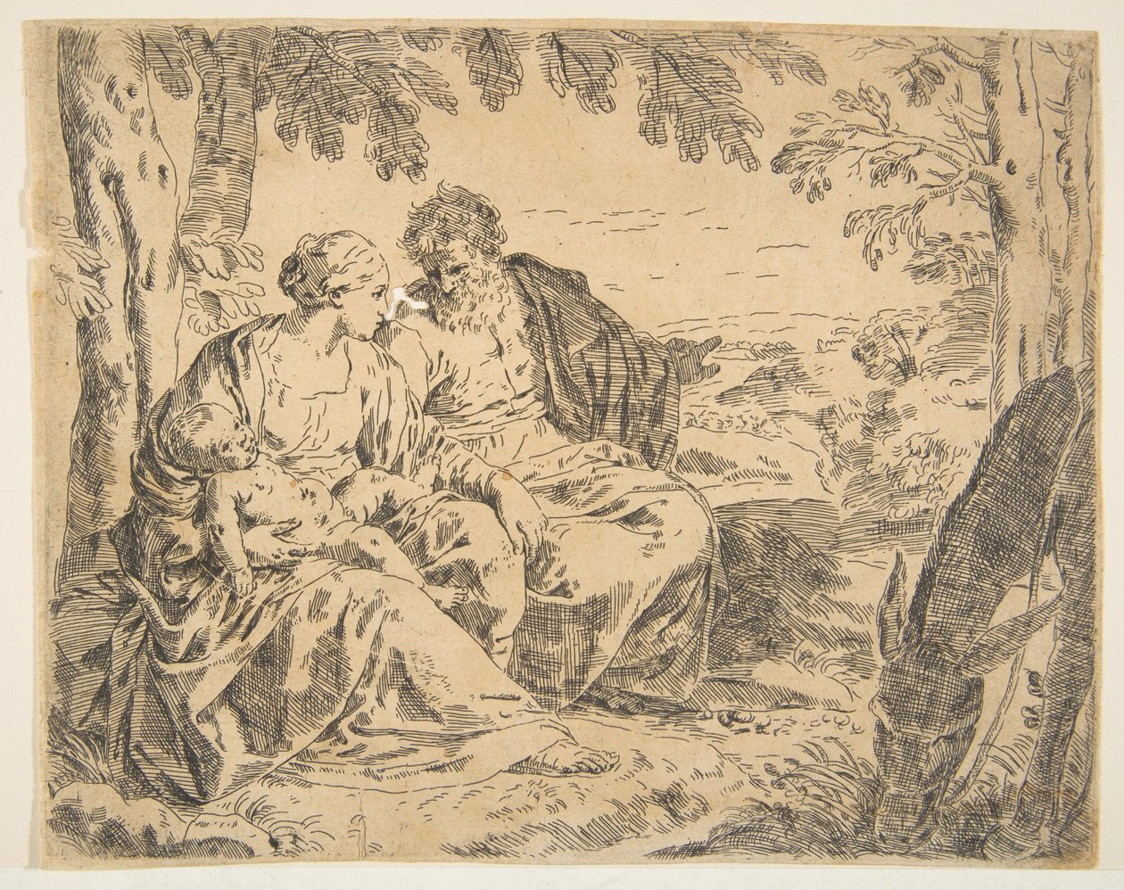 Pihenj az Egyiptomba tartó járaton, Mária a kisded Krisztust tartja kezében, míg Szent ..., kb. 1637-1639 vagy utána. alkotó: Simone Cantarini