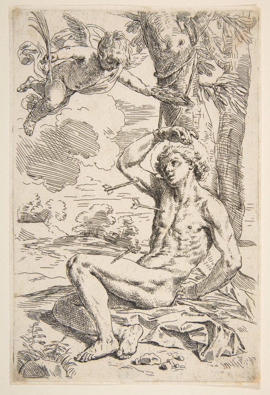 Szent Sebestyén nyilakkal áttörve és fához kötve, kb. 1639. alkotó: Simone Cantarini