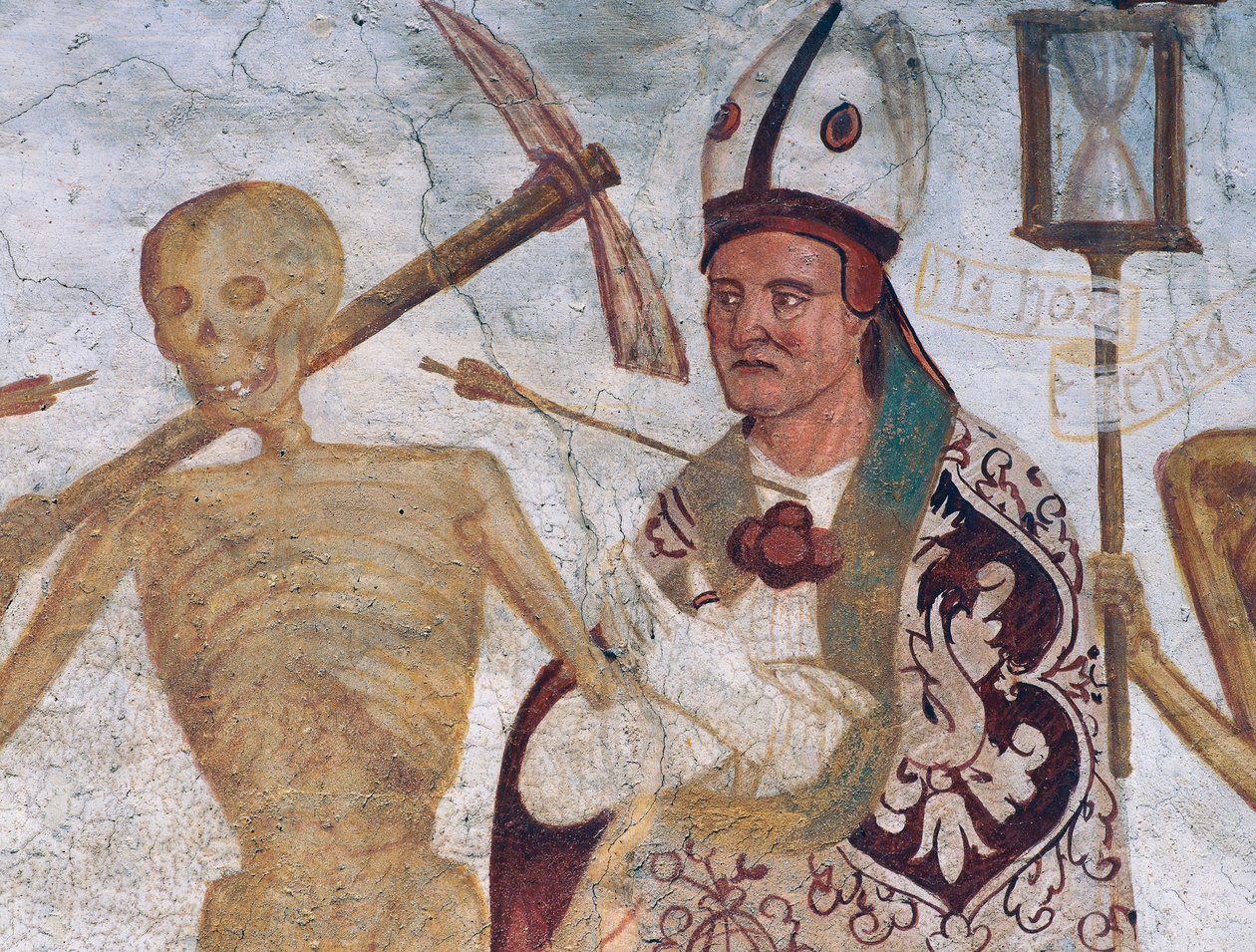 A püspök és a halál, részlet a Haláltánc című filmből alkotó: Simone II Baschenis