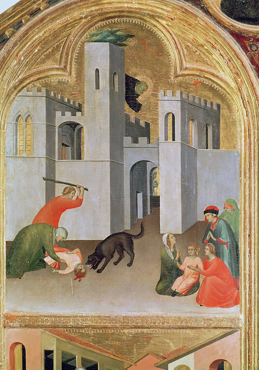 Agostino Novella Egy kutya megharapott gyermek megmentése, részlet a Boldog Agostino Novello Oltárképből, 1328 körül (tempera a panelen) alkotó: Simone Martini