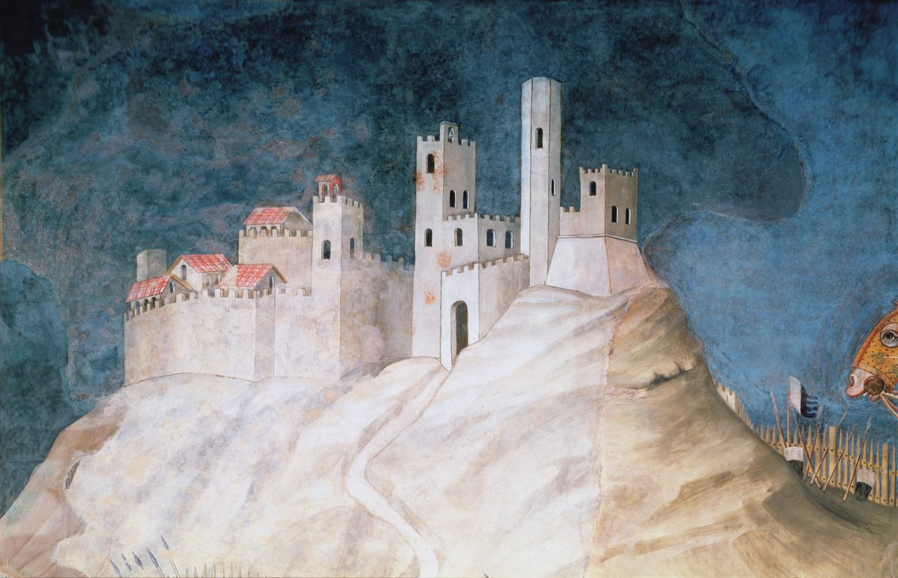 Megemlékezés Guidoriccio da Foglianóról Montemassi ostrománál, Montemassi erőd részlete a Sala del Mappamondóból, 1328 alkotó: Simone Martini