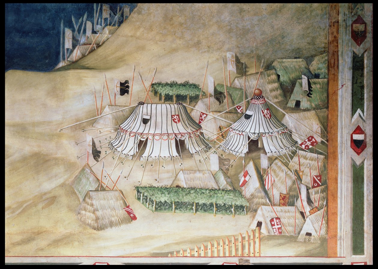 Megemlékezés Guidoriccio da Foglianoról Montemassi ostrománál, a katonai tábor részlete, a Sala del Mappamondóból, 1328 alkotó: Simone Martini