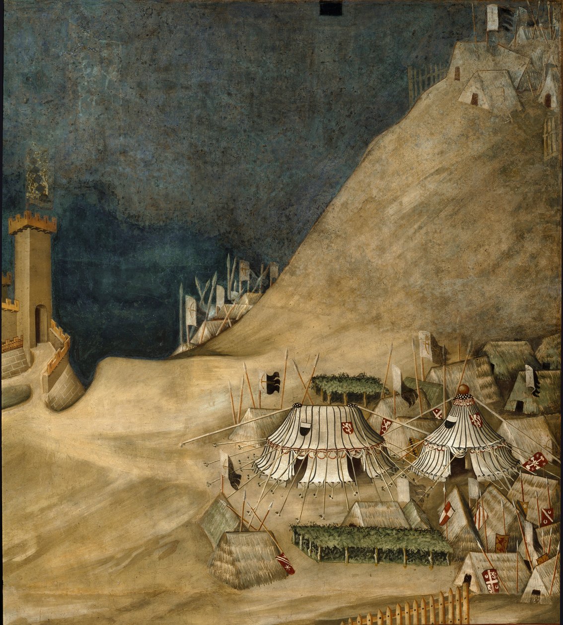 Részlet a katonai táborról Guido Riccio da Fogliano mögött, Montemassi várának elfoglalásakor, 1328-ban (freskó alkotó: Simone Martini
