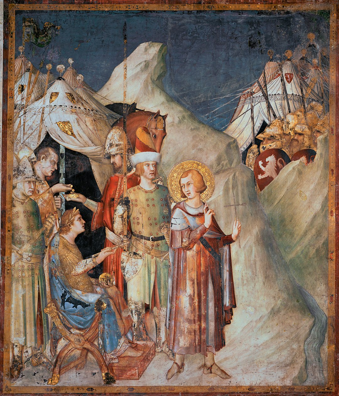Szent Márton életének epizódjai: "" Tours-i Szent Márton lemond a fegyverekről" Simone Martini (1285-1344) freskója. 1312-1317 - 265x230 cm-es Assisi Szent Ferenc alsó-bazilika; Szent Márton kápolna, Assisi alkotó: Simone Martini