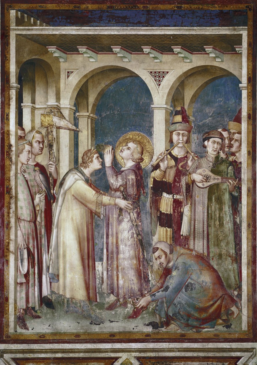 Freskó Szent Márton életéről. Szent Márton lovag, részlet. Az eveque Saint Martin de Tours és a zenészek. Simone Martini (1280-1344) festménye. Freskó alkotó: Simone Martini