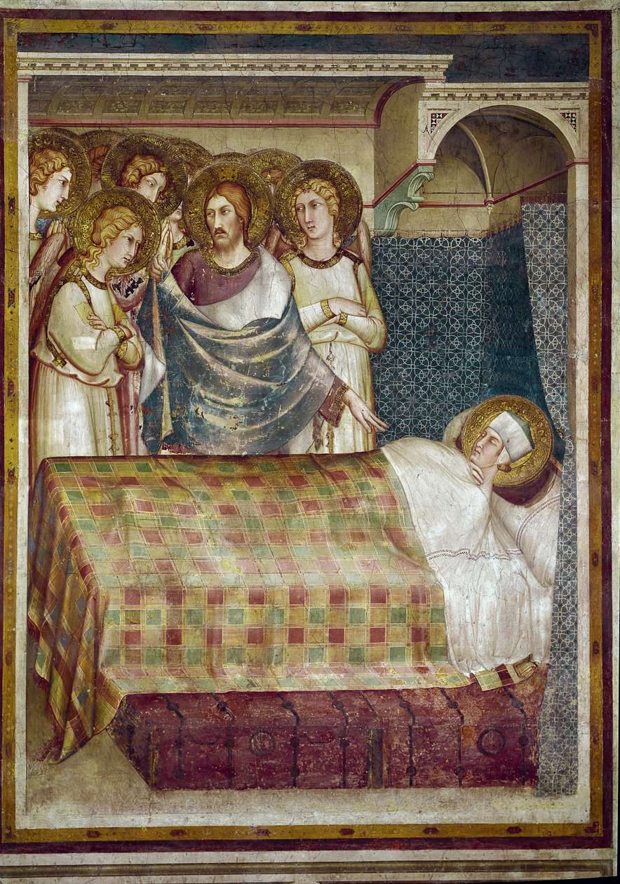 Freskó Szent Márton életéről. Szent Márton álma: Krisztus angyalokkal körülvéve felfedi neki, hogy ő volt a koldus, akinek a kabátját adta. Simone Martini (1280-1344) festménye. Freskó alkotó: Simone Martini