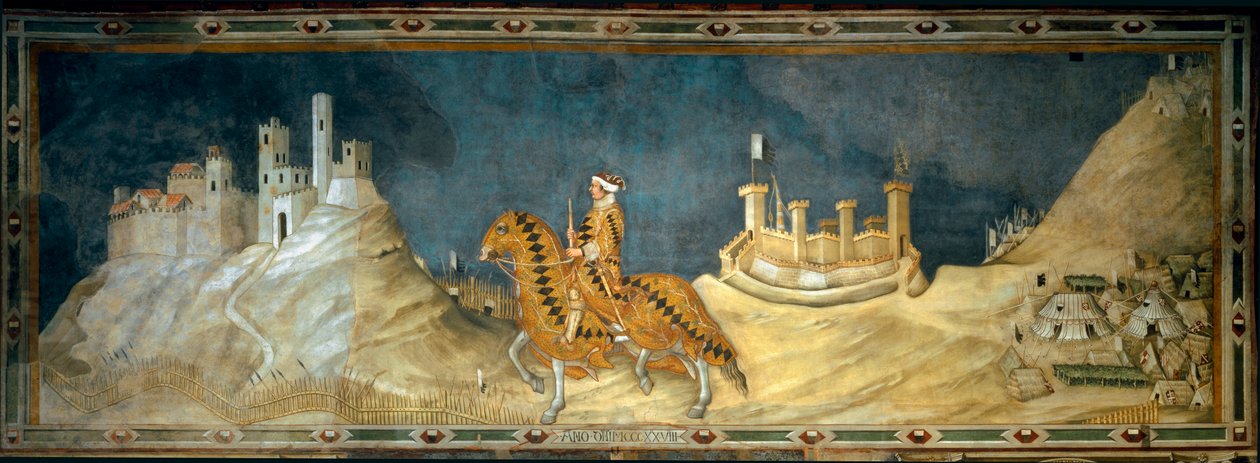 Guidoriccio da Fogliano. Guido Riccio da Fogliano (meghalt 1352-ben), a sienai hadsereg parancsnokának (condottiero) ábrázolása a maremmai (maremmai) Montemassi várának 1328-as elfoglalásakor. Simone Martini (1280-1344) festménye alkotó: Simone Martini