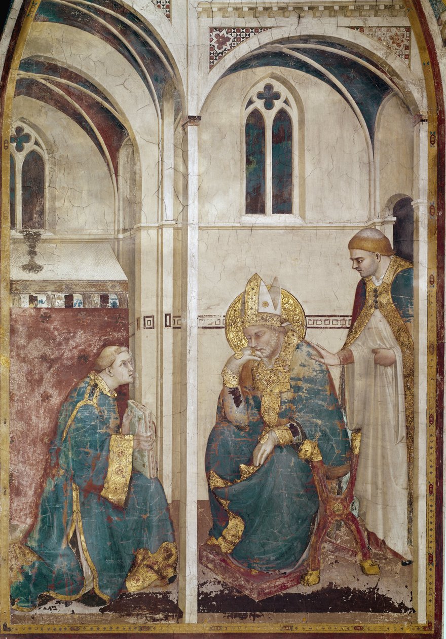 Tours-i Szent Márton élete (316-397): Szent Márton meditációban (Tours-i Szent Márton meditál) - Simone Martini freskója (kb. 1284-1344), kb. 1312-1317, cm. 390x200 - Assisi Szent Ferenc-bazilika, Szent Márton alsótemplomi kápolna, Assisi alkotó: Simone Martini
