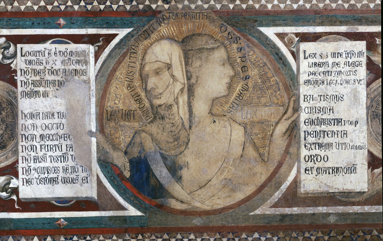 Maesta: Kétarcú figura, amely a régi törvényt és az új törvényt ábrázolja, részlet a keretből, 1315 részlet az 51591-ből alkotó: Simone Martini