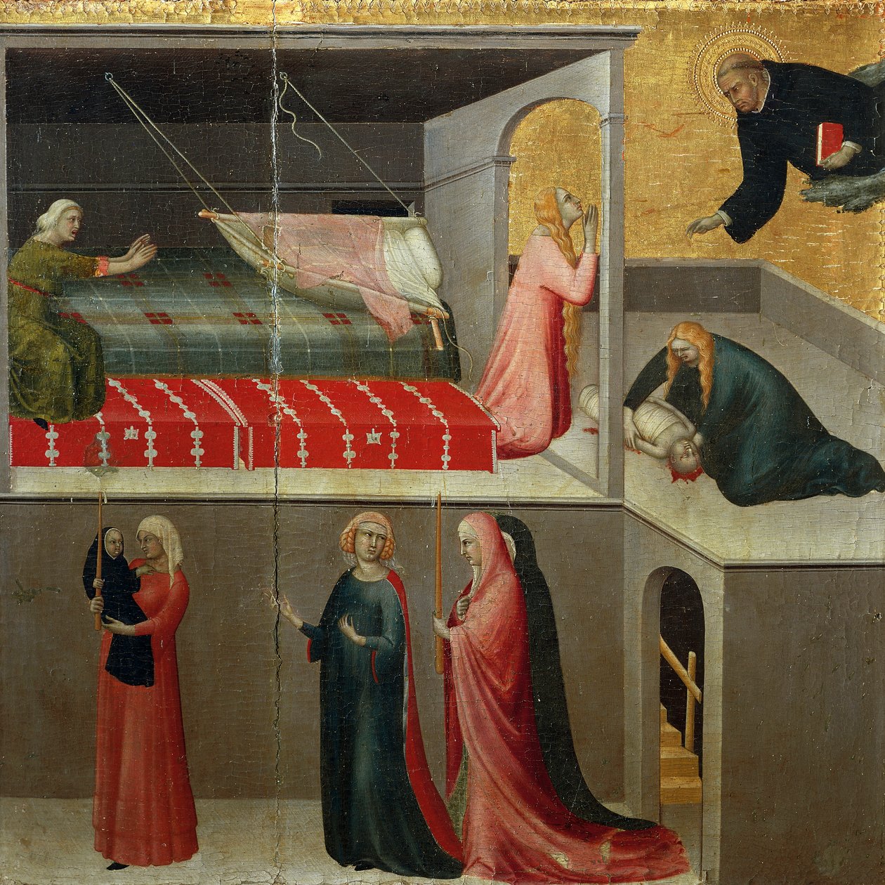 Kiságyból leeső baba csodája, Boldog Agostino Novello című oltárkép részlete és Simone Martini (1283-1344) élettörténetei, olaj, vászon, 200x256 cm, 1330 körül alkotó: Simone Martini