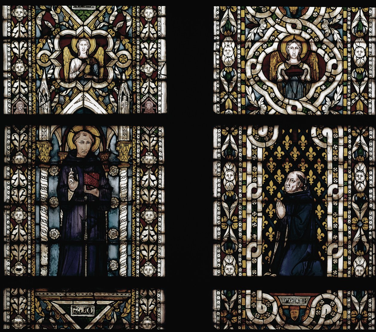 Páduai Szent Antal (1195-1231) és Montefiore Gentile bíboros (Gentile Partino da Montefiore, Gentilis of Monteflorum, kb. 1240-1312) térdel (Páduai Szent Antal és Gentile da Montefiore) - Ólomüveg Simone Martini 1284-1344), cm. 57 alkotó: Simone Martini