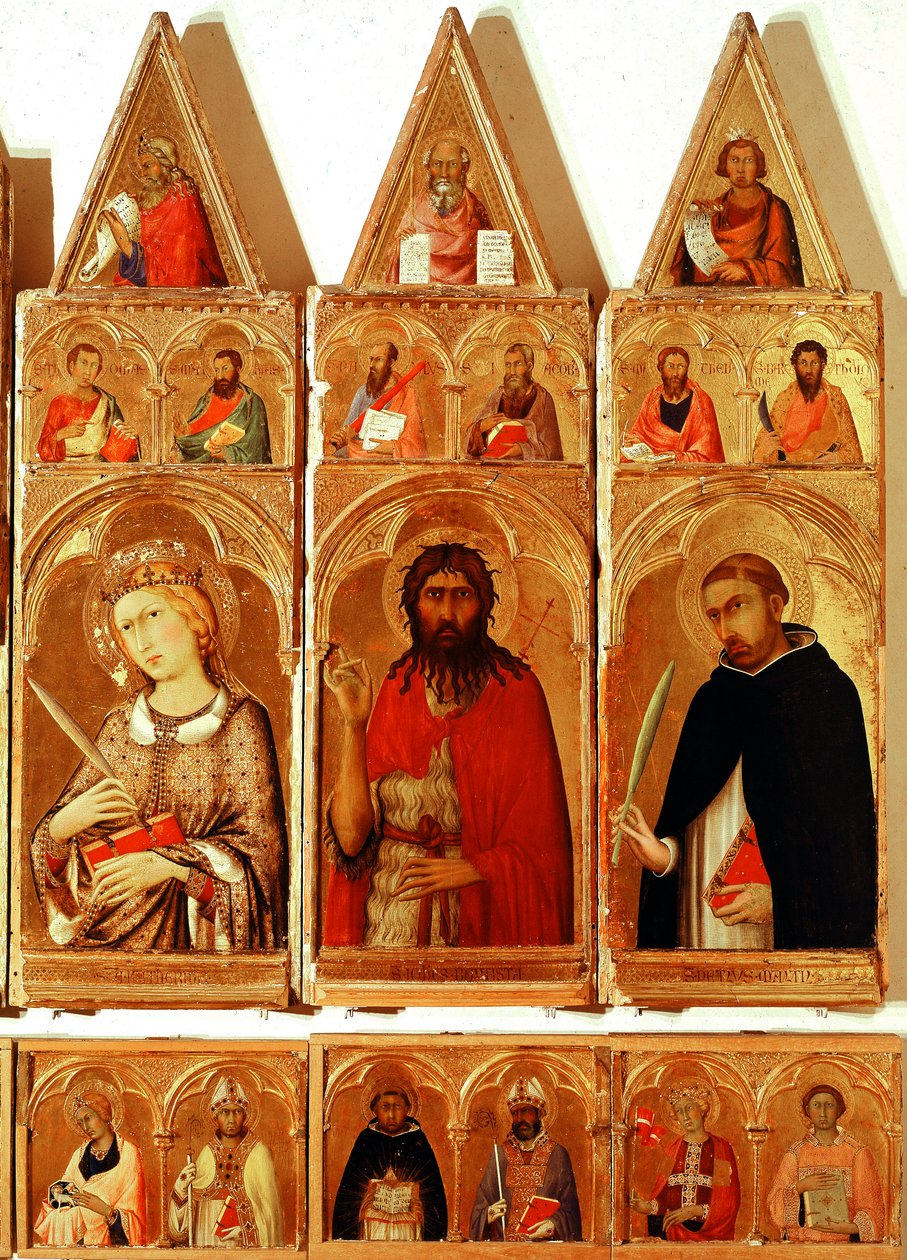 Alexandriai Szent Katalin, Keresztelő Szent János, Veronai Szent Péter. Részlet Alexandriai Szent Katalin poliptichonról (tempera és arany fán alkotó: Simone Martini
