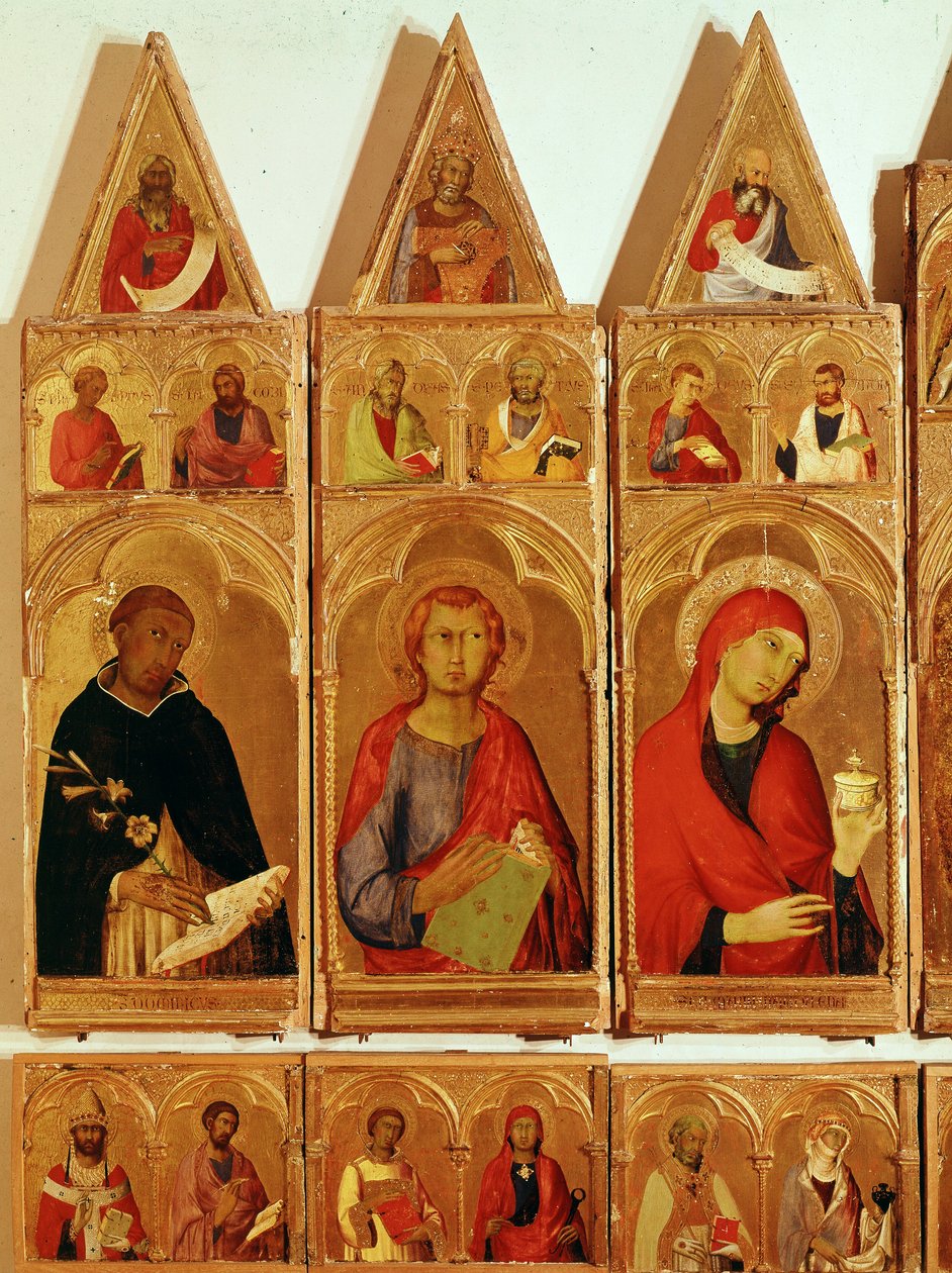 Szent Domonkos, Szent János evangélista, Szent Mária Magdolna. Részlet Alexandriai Szent Katalin poliptichonról (tempera és arany fán alkotó: Simone Martini