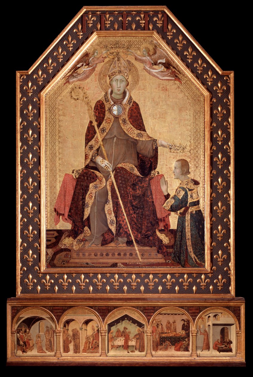 Anjou-i Szent Lajos (Toulouse) koronája I. Róbert nápolyi (1277-1343) Simone Martini festménye (kb. 1284-1344) 1317 Méret: 200x138 cm Nápoly, Museo Nazionale di Capodimonte, inv Q 34 alkotó: Simone Martini