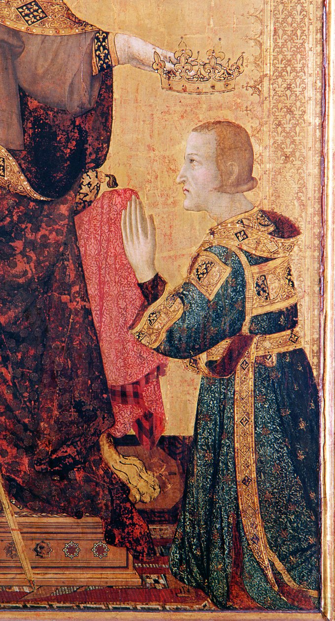 Toulouse-i Szent Lajos (1274-97) megkoronázza testvérét, Anjou Róbertet (1278-1343) a toulouse-i Szent Lajos-oltárról, 1317 (tempera a táblán) (183716-os részlet) alkotó: Simone Martini