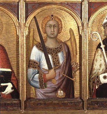 Szent Mihály, részlet SS Geminianus, Mihály és Augustinus oltárképéről, 1319 körül (tempera arany és ezüst táblával) (58835 részlet) alkotó: Simone Martini