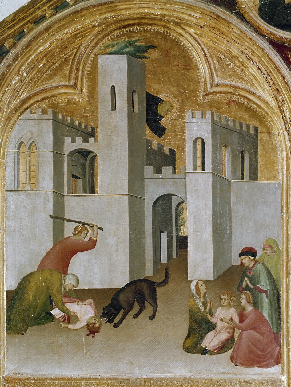 A gyermek csodája megragad a farkas agyarai között. Része a Szent Ágoston Remete története című triptichonnak (Tempera fán alkotó: Simone Martini