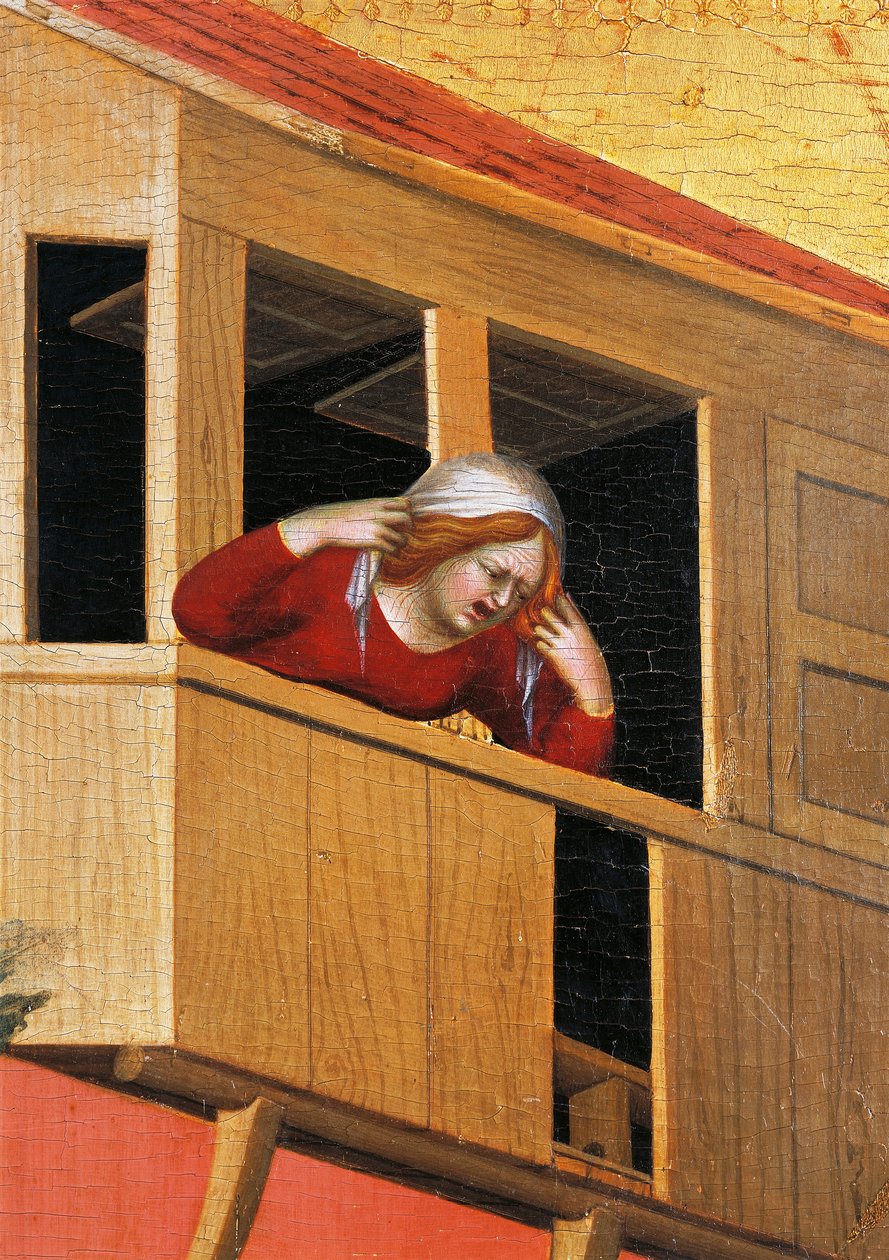 Erkély fölé hajló nő, Boldog Agostino Novello című oltárkép részlete és élettörténetei, Simone Martini (1283-1344), olaj, vászon, 200x256 cm, kb 1330 alkotó: Simone Martini