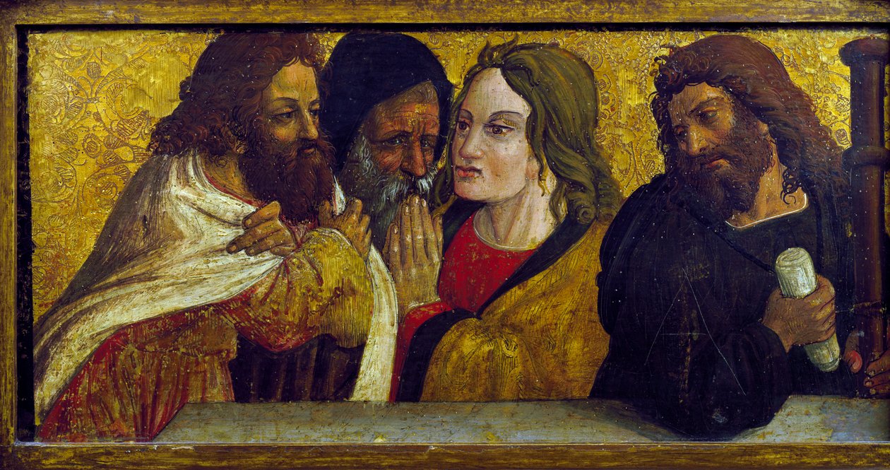 Utolsó vacsora, a predella részlete Simone da Firenze poliptichonjáról, Santi Pietro e Paolo templom, San Chirico Raparo (Potenza), Basilicata, Olaszország. alkotó: Simone da Firenze