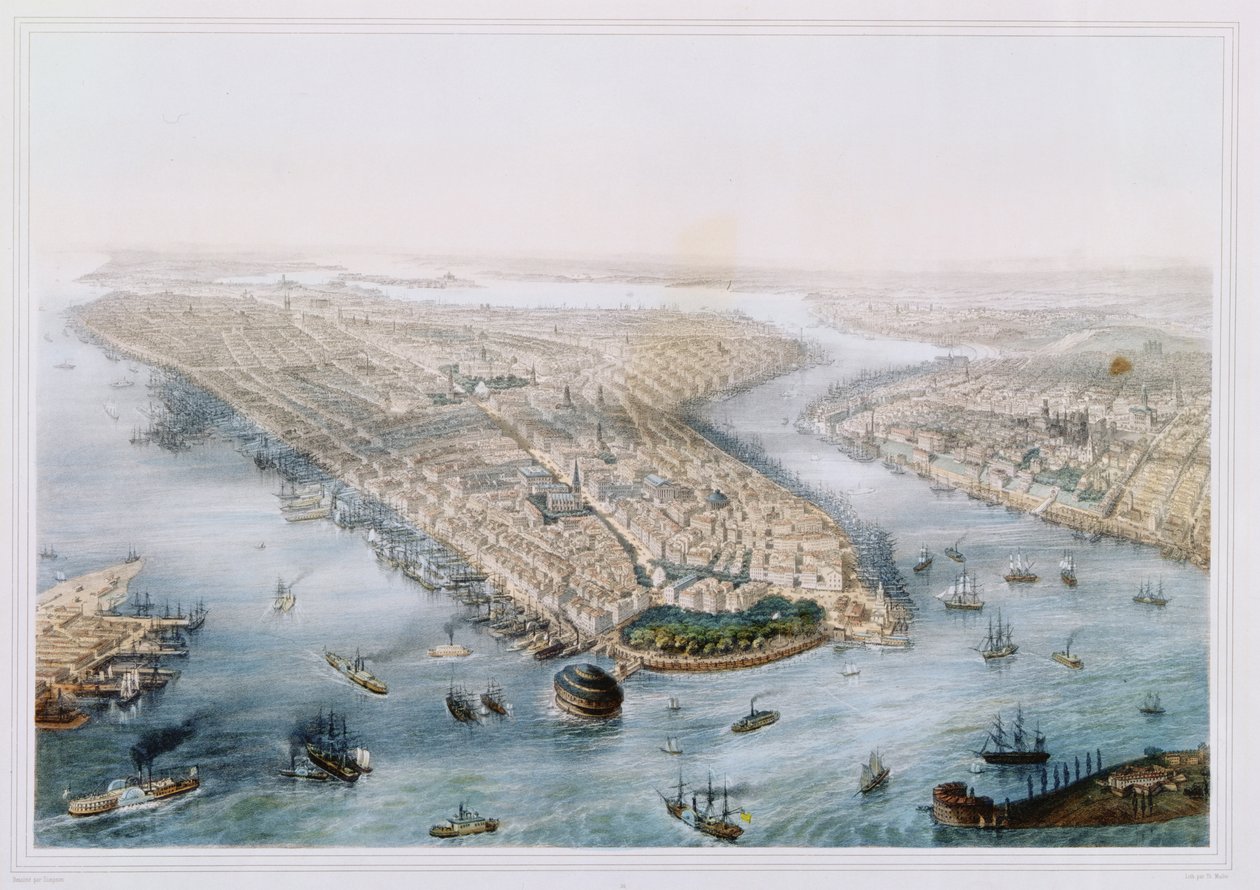 New York és Brooklyn légifelvétele, metszette T.H. Muller, kiadta L. Turgis, Párizs, 1850 körül. alkotó: Simpson