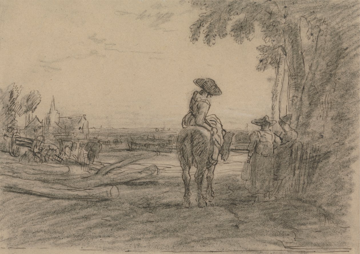 Nő lovon két álló nővel, kilátással a tájra alkotó: Sir Augustus Wall Callcott