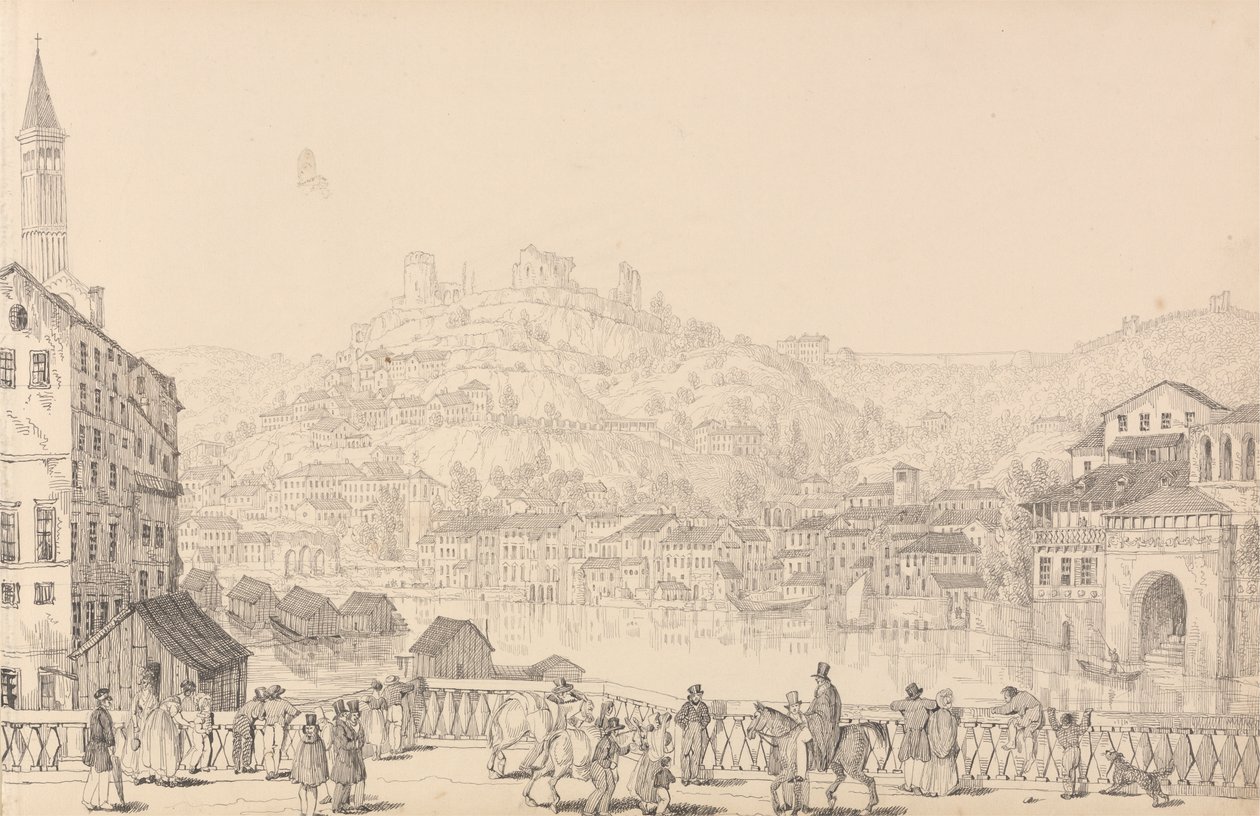 30 megtekintést tartalmazó album Tirolban és Olaszországban: Verona városa és San Pietro vára egy másik hídról, 1840. november 1. alkotó: Sir Charles D