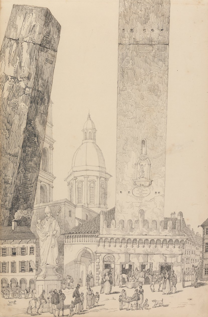 30 megtekintés albuma Tirolban és Olaszországban: Ferde tornyok, Szent Ferenc szobor, Bologna, 1840. nov. 12. alkotó: Sir Charles D