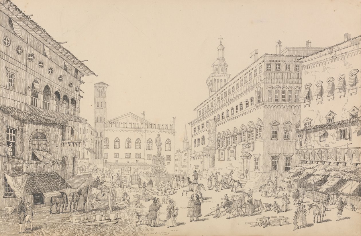 30 megtekintést tartalmazó album Tirolban és Olaszországban: Bologna tér, katedrális és a pápa legátusának palotája, 1840. nov. 12. alkotó: Sir Charles D