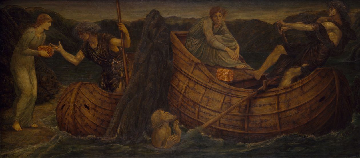 Ámor és Psyche – Palotai zöld falfestmények – Psyche, aki az érmét adja a Styx révészének, 1881. alkotó: Sir Edward Coley Burne Jones