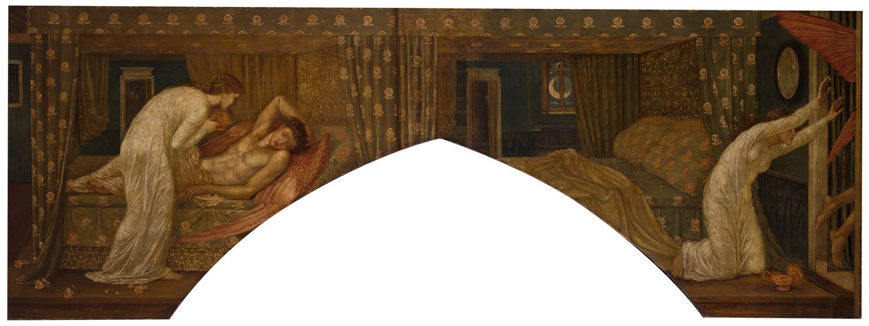 Ámor és Psyche – Palotai zöld falfestmények – Lámpát tartó lélek a... arcán néz, 1881. alkotó: Sir Edward Coley Burne Jones
