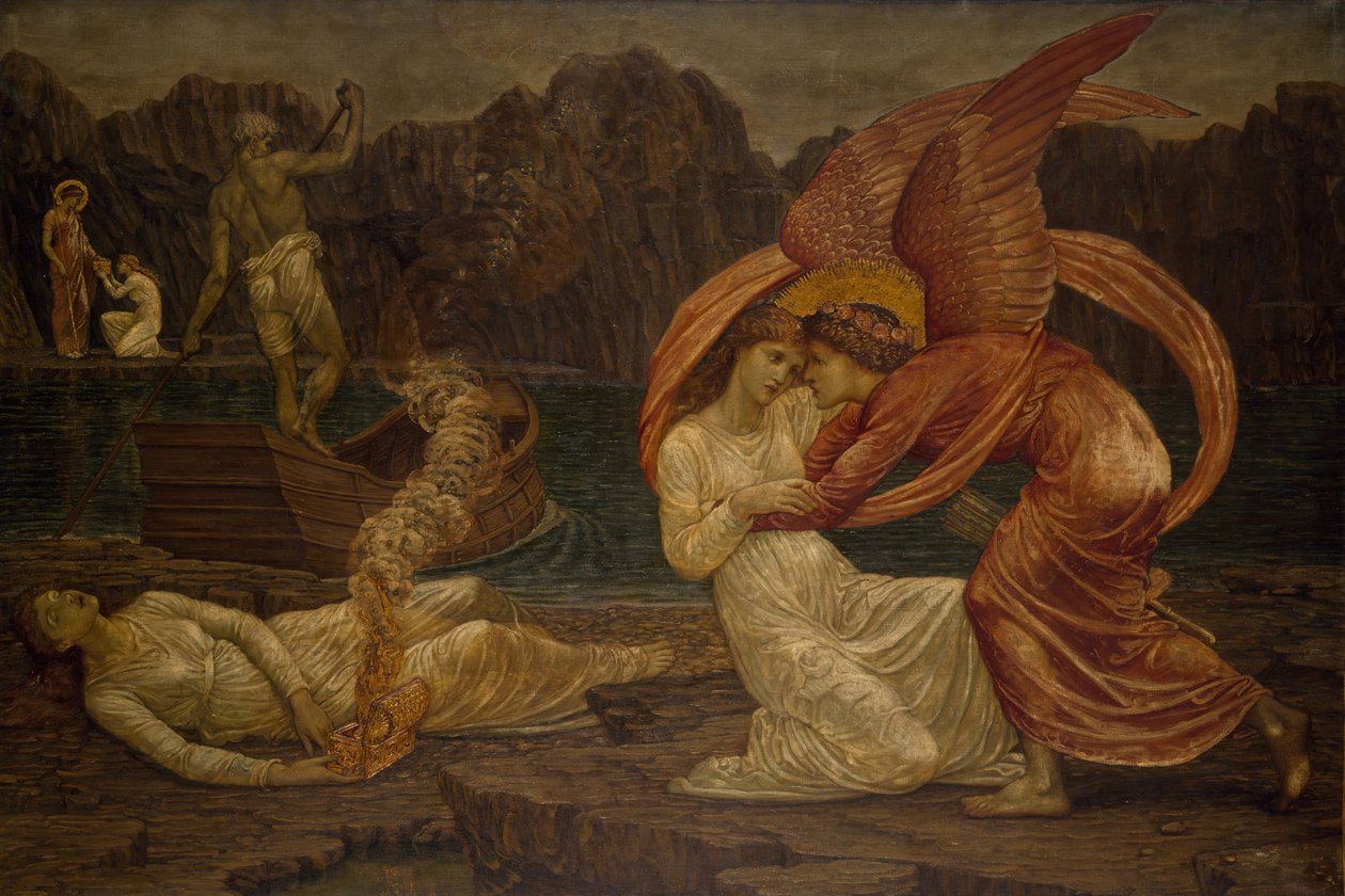 Ámor és Psyche – Palotai zöld falfestmények – Psyche kapja a koporsót Proserpine-ből, 1881. alkotó: Sir Edward Coley Burne Jones
