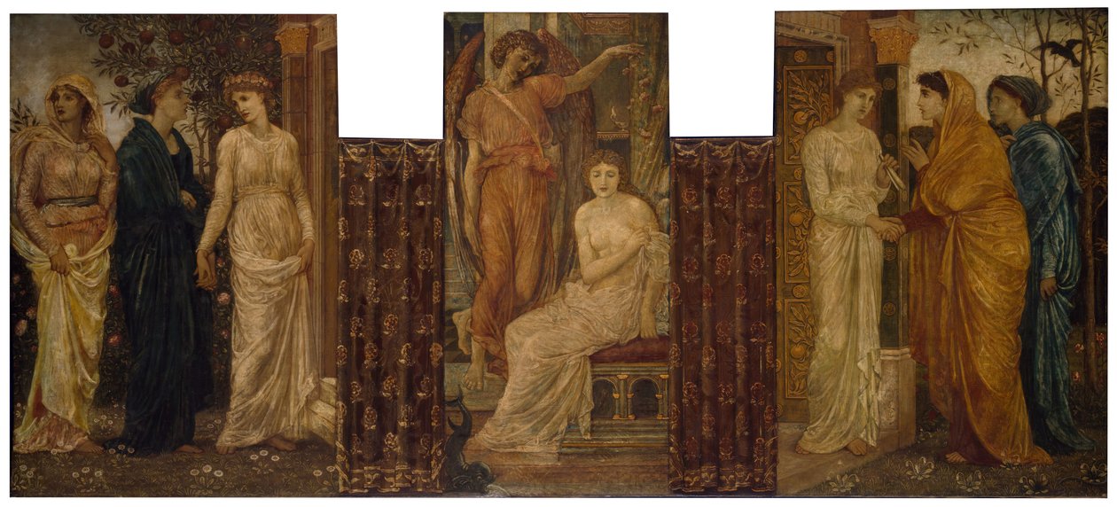 Cupido és Psyche – Palotai zöld falfestmények – Psyche nővérei meglátogatják Ámor házában, 1881. alkotó: Sir Edward Coley Burne Jones